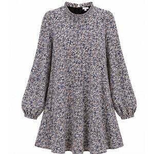 Ophelia Roe Floral Ruffle Neck Drop Waist Mini Dress Blue Tan XL Cottagecore